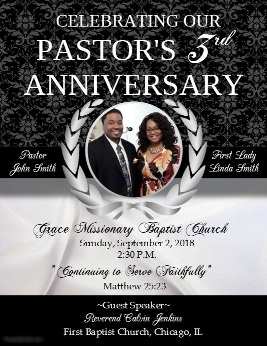 a flyer for pastor's 3rd anniversary with an image of a man and woman