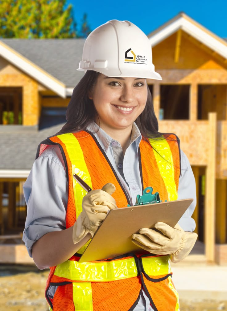 a female construction worker holding a clipboard in front of a house under construction and smiling at the camera