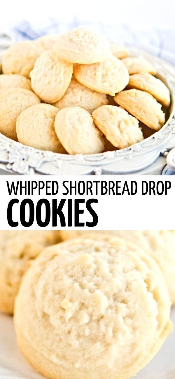 two pictures with the words whipped shortbread drop cookies