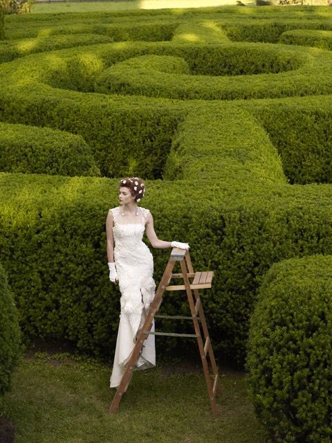 a woman sitting on a ladder in the middle of a maze