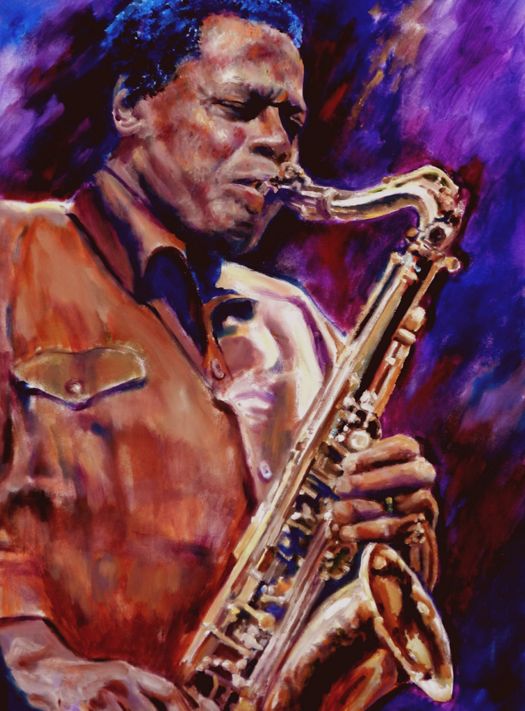 a painting of a man playing a saxophone