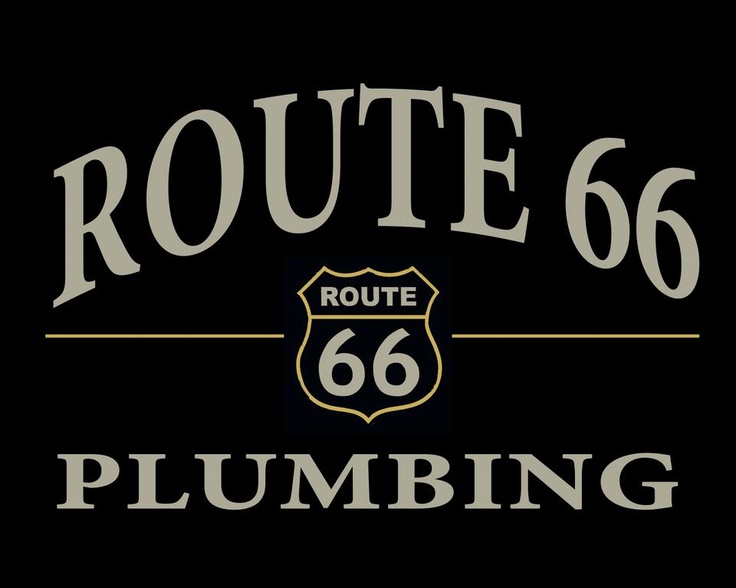 the route 66 plumbing logo is shown in black and gold, with white lettering on it