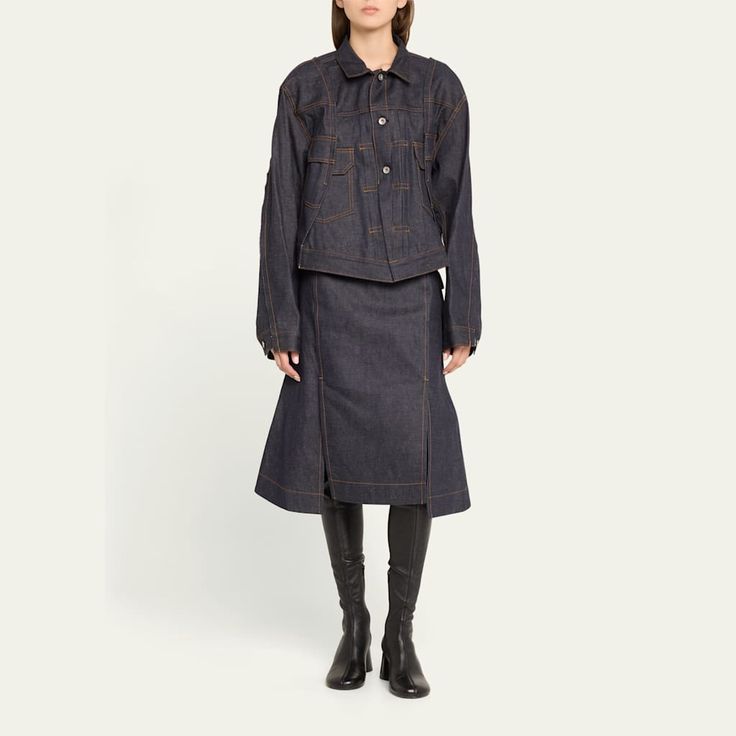 SACAI flared denim midi skirt features multiple pocket details  High rise  Zipper fly  Hem falls below the knee A-line silhouette  Skirt falls straight from hip to hem Cotton Dry clean Made in Japan Denim Blue Workwear Skirt For Fall, Relaxed Denim Skirt For Workwear In Fall, Denim Blue Skirt For Workwear In Fall, Fall Denim Blue Workwear Skirt, Fall Workwear Denim Blue Skirt, Asymmetrical Denim Skirt With Pockets, Relaxed Knee-length Denim Skirt With Pockets, Knee-length Relaxed Denim Skirt With Pockets, Spring Denim Workwear Skirt With Patch Pockets