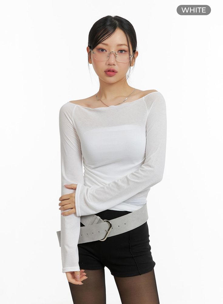 solid-off-shoulder-long-sleeve-cm421 / White Chic White Long Sleeve Crew Neck Top, Chic White Crew Neck Long Sleeve Top, Stretch Off-shoulder Mesh Top For Spring, Chic Mesh Top For Fall, Chic Stretch Mesh Top With Crew Neck, White Stretch Long Sleeve Top For Summer, Casual Long Sleeve Mesh Top, Versatile Fitted Long Sleeve Top For Night Out, Trendy Fitted Crew Neck Blouse