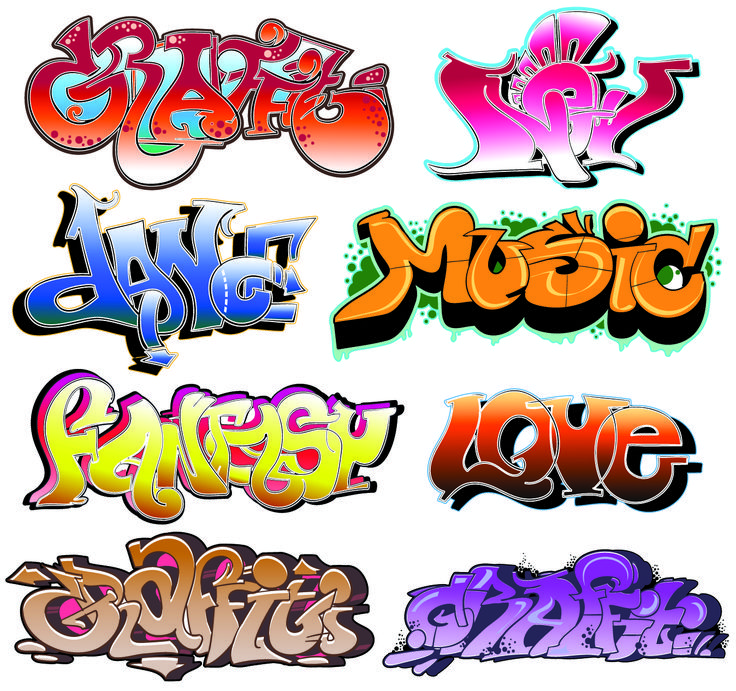 various types of graffiti written in different colors