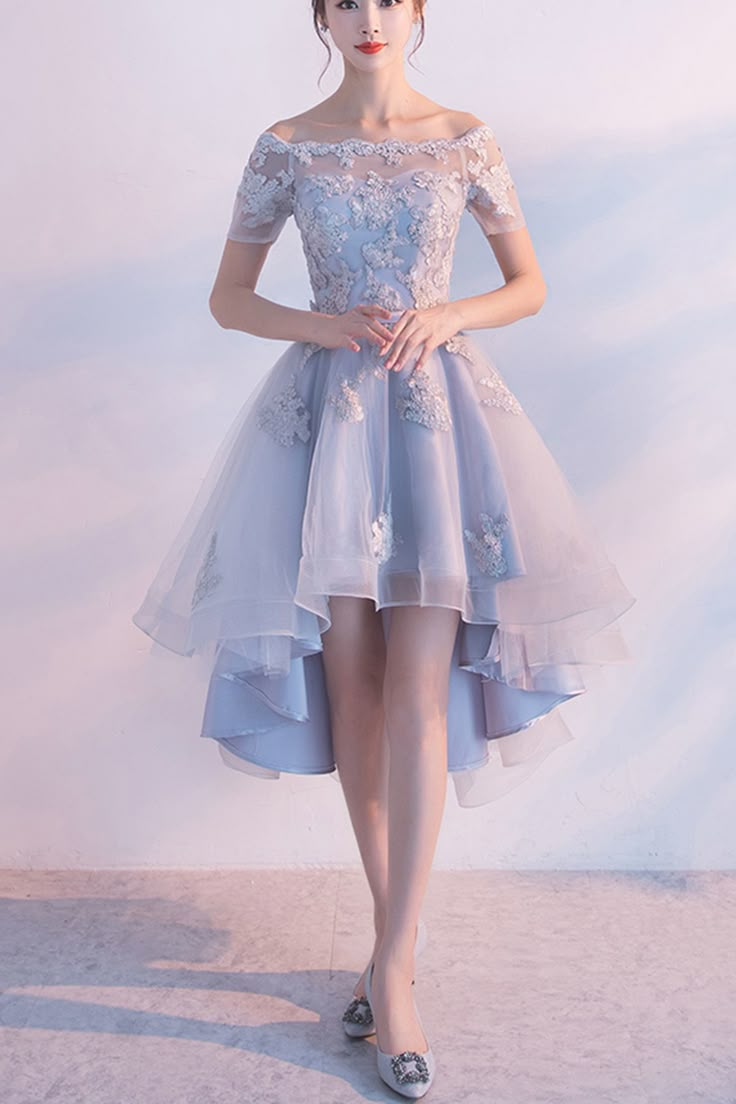 High low prom dress, off the shoulder prom dress, cute blue lace bridesmaid dress with sleeves Light Blue Homecoming Dresses, Light Blue Prom Dress, Cute Dresses For Party, Tulle Homecoming Dress, Cheap Homecoming Dresses, 파티 드레스, Blue Homecoming Dresses, Lace Prom Dress, Short Homecoming Dress