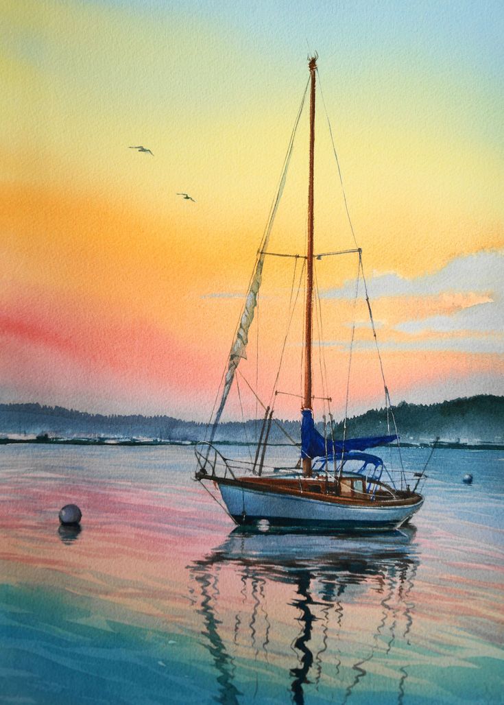 a painting of a sailboat in the water at sunset