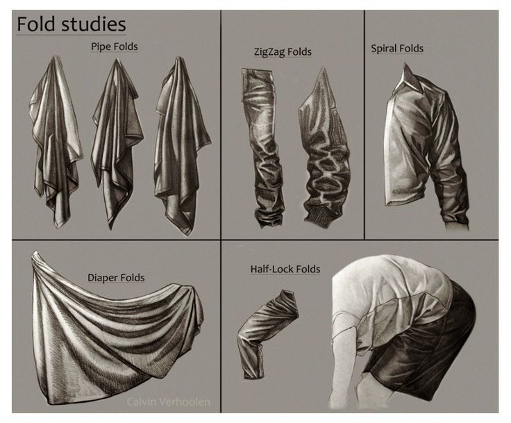 several different types of clothing and folds on a sheeted piece of paper with text that reads fold studies