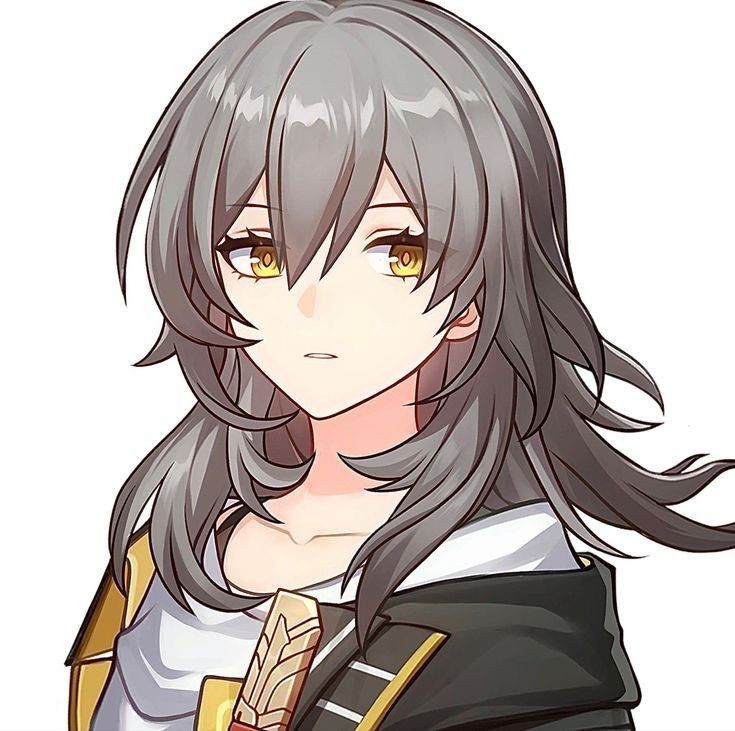 an anime character with long gray hair and yellow eyes