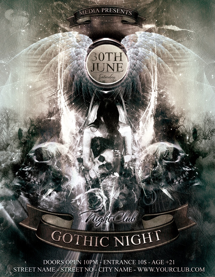 an artistic poster for gothic night with angel wings and skulls on it's back