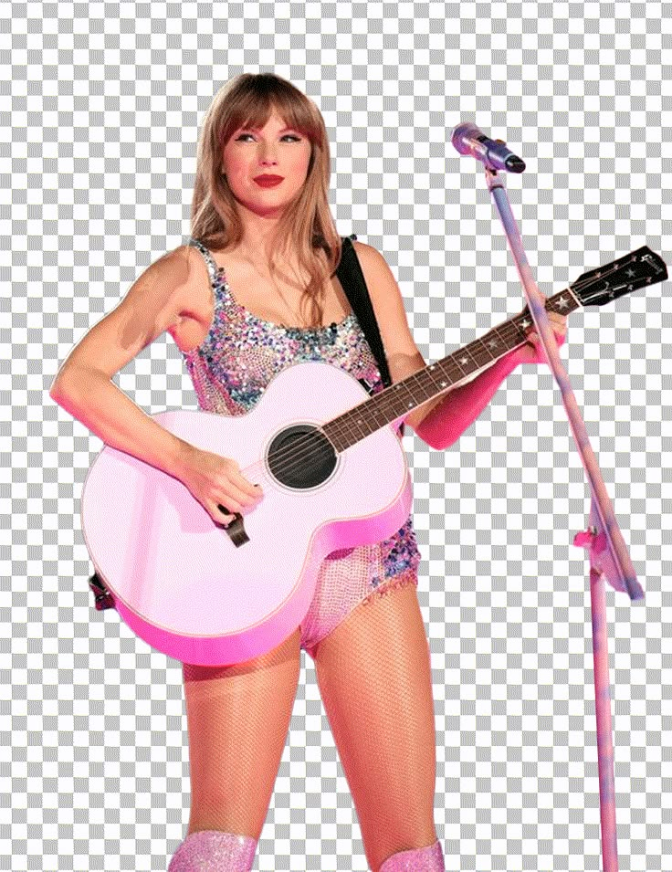 Taylor Swift is playing the pink guitar and standing in front of a microphone. Taylor Swift Transparent, Taylor Swift Powerpoint, Taylor Swift Png Aesthetic, Taylor Swift White Background, Taylor Swift Transparent Background, Lover Png Taylor Swift, Taylor Swift Clipart, Taylor Cake, Taylor Swift Png