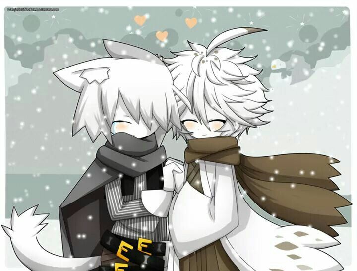 two anime characters hugging in the snow with one holding his arm around the other's neck