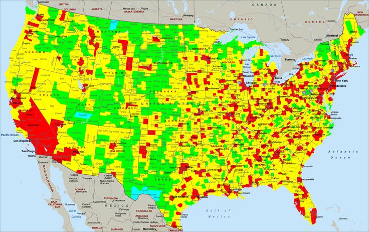 the united states is covered in yellow and green, with red dots on each map