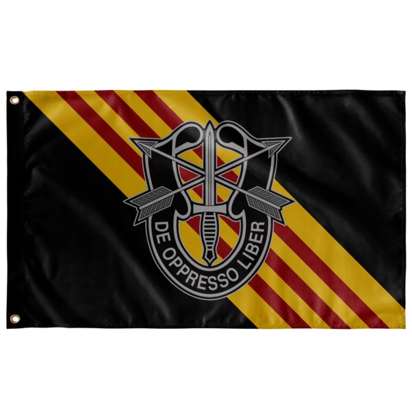 a black and yellow striped flag with an emblem on it