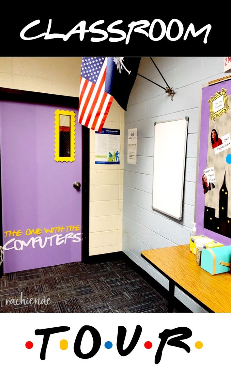 a classroom with purple walls and whiteboard on the wall next to a wooden table