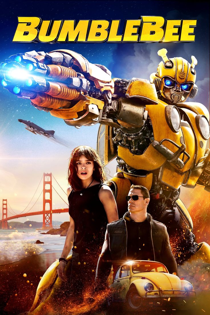 the movie bumblebee is shown in front of an image of two people and a car