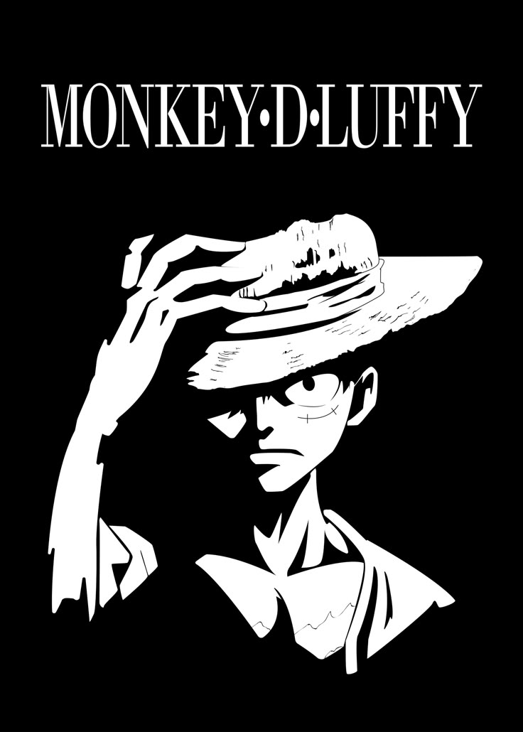 a black and white image of a man wearing a hat with the words monkey d - luffy on it