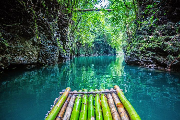 bamboo raft floating down a river surrounded by lush green trees