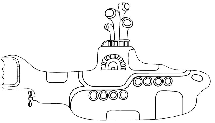 a drawing of a submarine that is black and white, with the outlines on it