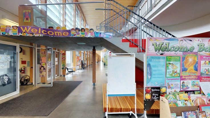 the inside of a children's museum with signs and posters