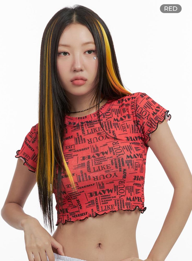 Product Detail Style : Street Occasion : Festival Type : TShirts Print : Lettering Material : Polyester, Spandex Sleeve : Short sleeve Neck : Round neck Length : Crop Fit : Slim fit Polyester 95 Spandex 5 Color : Red, Black Made in Korea Model Size Model is wearing size S/M and the color Red. Height : 5'5" | 166cm / Top : S / Bottom : S (25 inch) .prddescription table, .prddescription td, .prddescription th { border : 1px solid black; border-collapse : collapse; padding: 10px; } Size(Inch) Size Stretch T-shirt With All Over Print For Summer, Stretch Printed Tops With Crew Neck, Summer High Stretch Tops With Letter Print, High Stretch Letter Print Tops For Summer, Trendy High Stretch Tops With Letter Print, Stretch Crew Neck T-shirt With All Over Print, Summer Stretch T-shirt With All Over Print, Summer Stretchy All Over Print T-shirt, Red Stretch Tops With Graphic Print