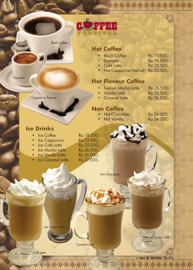 a menu for coffee with different types of drinks