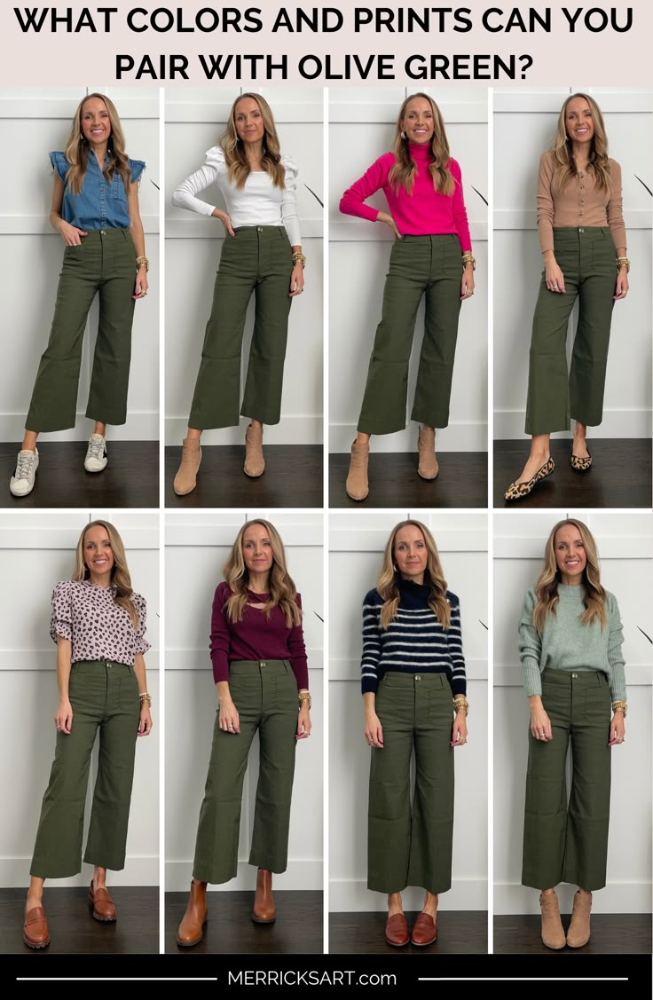 What colors and prints can you pair with the color olive green? - Merrick's Art Tops For Green Pants, Combination With Green Pants, Green Pairing Color Outfit, Yellow And Olive Green Outfit, Olive Green Pants Outfit Women Work, Olive Palazzo Pants Outfit, Style Green Pants For Women, Colors To Wear With Olive Green Pants, Dark Olive Green Pants Outfit