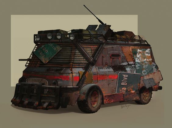 an old, rusted out vehicle with lots of signs on the front and sides