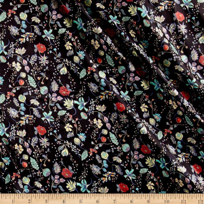 Liberty Fabrics Belgravia Silk Satin Charmeuse Pirouette Black/Multi Dresses Luxury, Crazy Quilt Blocks, Charmeuse Fabric, Liberty Fabrics, Luxury Loungewear, Loungewear Luxury, Pretty Fabric, Liberty Of London, Liberty Fabric