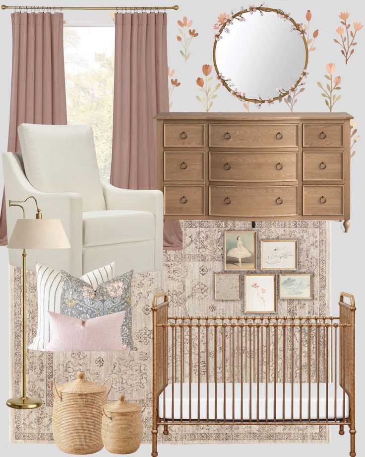 a baby's nursery room with pink and white decor, including a crib, dresser