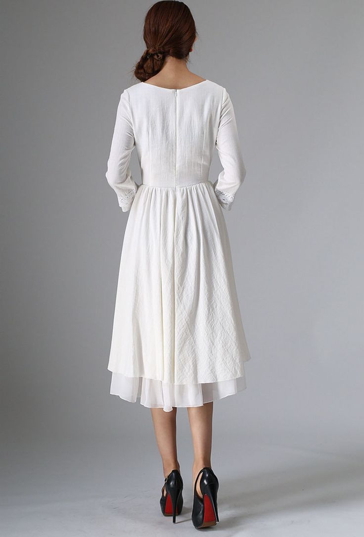 "This little white dress is a midi dress for part, this tea length dress is plus size, the waist can adjust by the string. This white midi dress open by the back zipper. DETAIL * 50% Linen, 50% cotton * Full chiffon lined (contain polyester, fiber, nylon) except sleeve, don't see through. * Dress with white lace, perfect for wedding or a special occasion. * Back zipper closure * Draw-String Waist * Below knee length * Perfect for summer, spring * If you need other color, the lace only can't chan White Knee-length Bridesmaid Dress, Cream Midi Dress For Wedding Guest, White Knee-length Midi Dress For Spring, Summer A-line Tea Length Bridesmaid Dress, Spring Wedding Tea-length Dress, Cream Midi Length Spring Dress, Elegant Ruffled Maxi Dress, Chic Tea Length Dress For Spring Wedding Guest, White Midi Dress For Spring