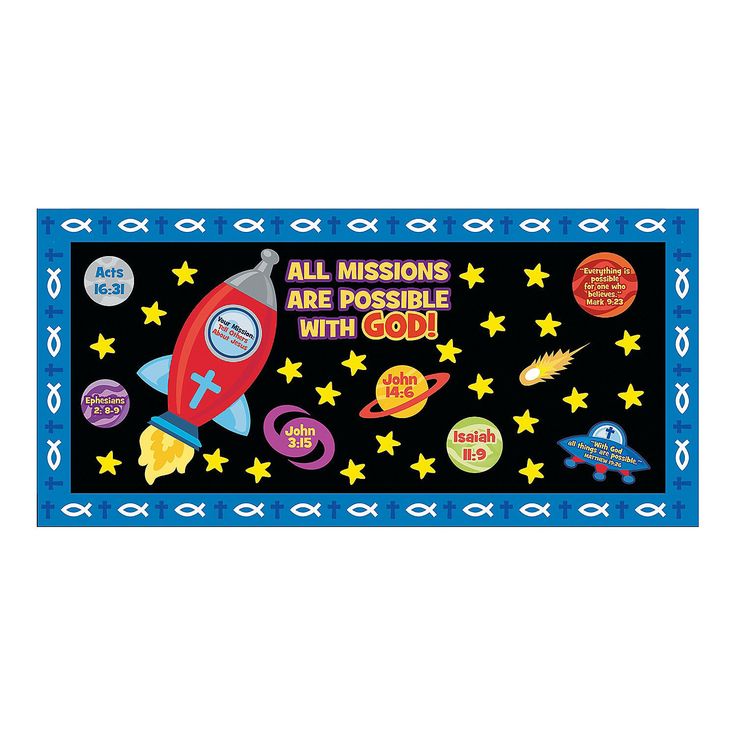 a bulletin board with an image of a rocket ship and stars on the front, all mission are possible with god