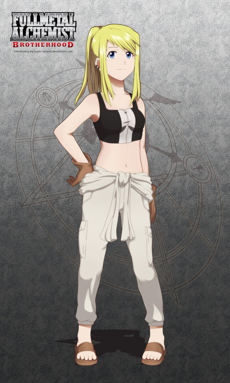 an anime character with blonde hair standing in front of a black and white background, holding her hands on her hips