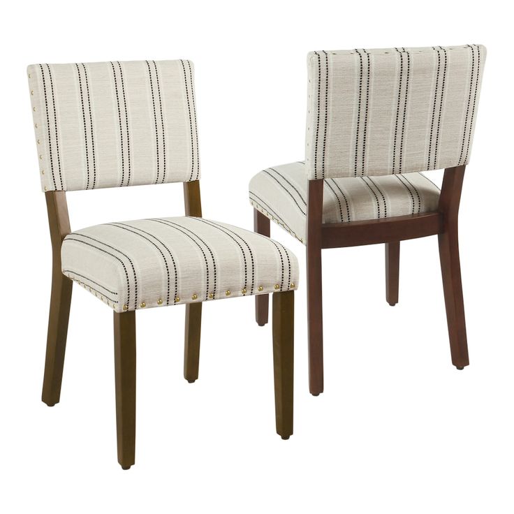 a pair of chairs with striped upholstered backrests and wood frame legs