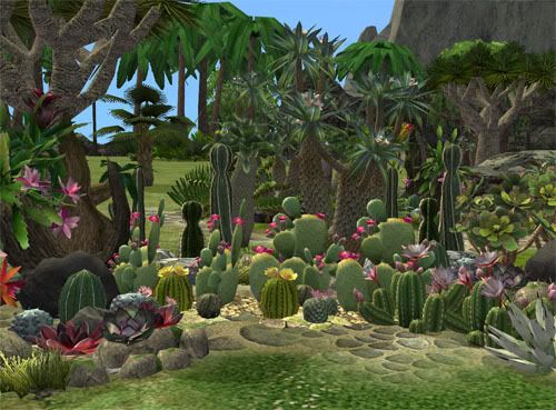 an animated garden with cactuses and other plants