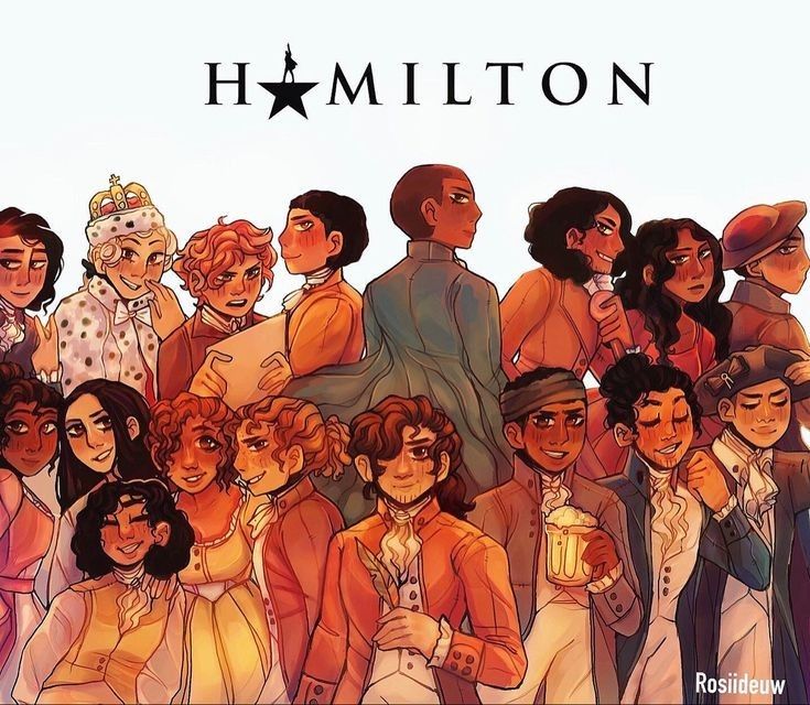 a group of people standing next to each other in front of the words, hamilton