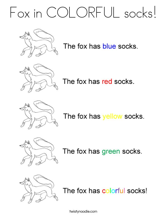 the fox has red socks and green socks coloring page for children to learn how to read