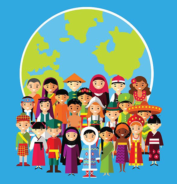 an image of people from around the world in flat style on a blue background illustration