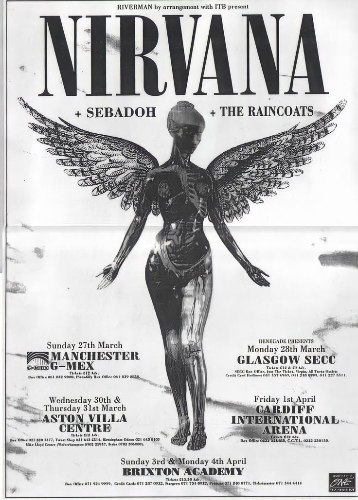 an advertisement for nirvana and the raincoats featuring a woman with wings on her body