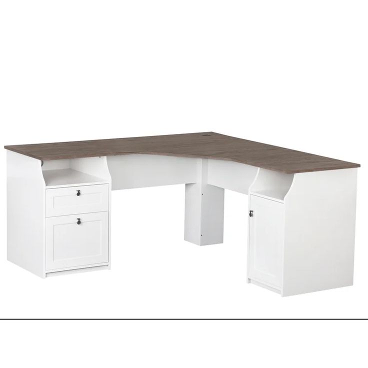 an l shaped desk with two drawers in white and gray woodgrain finish on the top