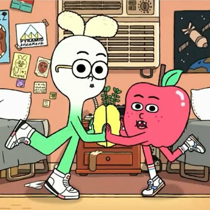 a cartoon character holding an apple in the middle of a room with other items on the walls