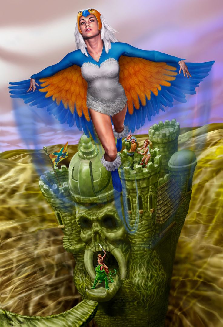 a digital painting of a woman with wings flying over a castle on top of a hill