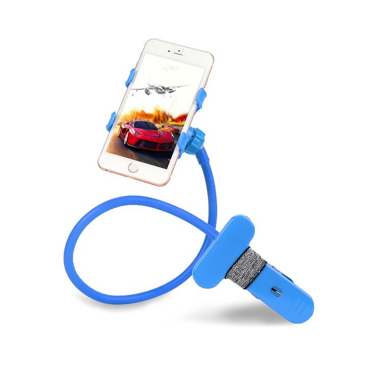 an iphone is hooked up to a charger attached to a blue cord with a cell phone in the background