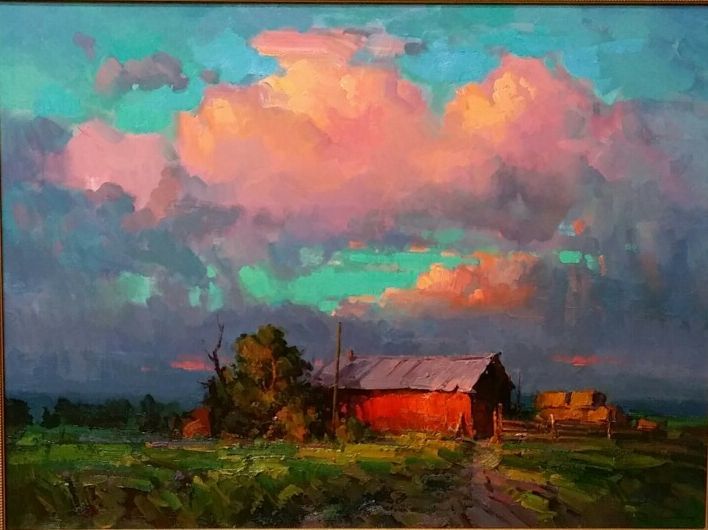 an oil painting of a red barn in the country