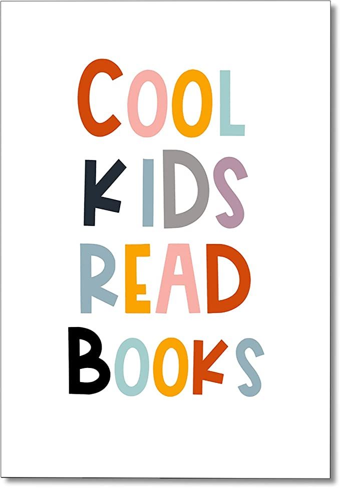 the words cool kids read books are in multicolored letters on white paper with black and