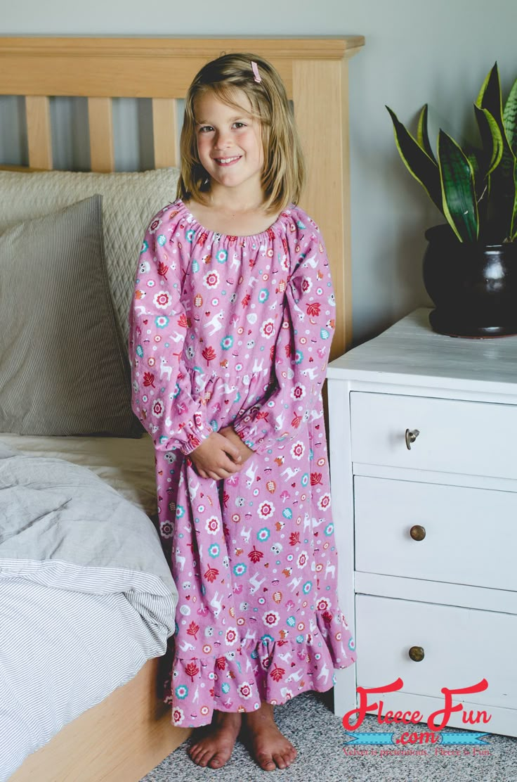 There's nothing comfier than a soft flannel nightgown on a cold evening. This flannel nightgown is drafted for girls in sizes 4-9. It features a 'peasant' style neckline and sleeves, a gathered skirt, and a ruffle hem that ends at the ankles. There are no buttons or zippers, so it is an easy sew and can be completed by beginner sewists. Why not take advantage of the seasonal flannel prints and sew some Christmas nightgowns? If you live in a warmer climate, this pattern can also be... Toddler Nightgown Pattern, Free Nightgown Pattern For Kids, Simple Nightgown Pattern, Girls Nightgown Pattern Free, Free Nightgown Pattern, Girls Nightgown Pattern, Girls Pajamas Pattern, Kids Nightgowns, Toddler Nightgown