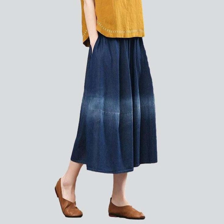 Take your urban trend to the next level with this 2023 Autumn Collection Dark-Wash. Fit-and-Flare. High-Waisted Contrast Band Lengthy Denim Skirt! Crafted with a rubber closure for a snug fit. this piece brings together conventional style and trendy fashion. making it a must-have for any fashion-forward wardrobe.Why You'll Fall in Love Street Style: Combine traditional and fashion vogue effortlessly with this denim skirt. perfect for any street style enthusiast. Dark Wash: The dark wash finish a Trendy Flare Skirt For Spring, Spring Mid-rise Washed Denim Skirt, Non-stretch Mid-rise Denim Skirt For Spring, Spring Flare Denim Blue Skirt, Denim Blue Flare Skirt For Spring, Spring Denim Blue Flare Skirt, Spring Straight-leg Denim Blue Skirt, Spring Flared Cotton Skirt, Wide Leg Denim Skirt For Spring