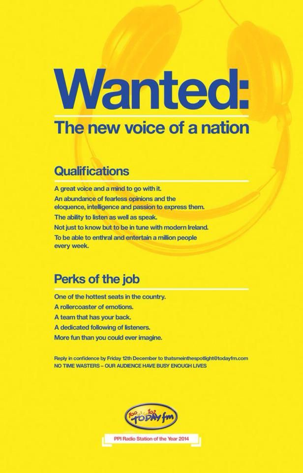 a yellow poster with headphones on it that says wanted the new voice of a nation