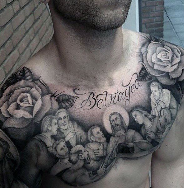 a man with tattoos on his chest that says bereaved and surrounded by roses