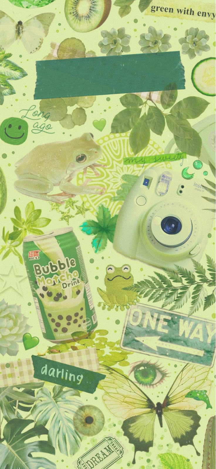 a collage of various items on a green background